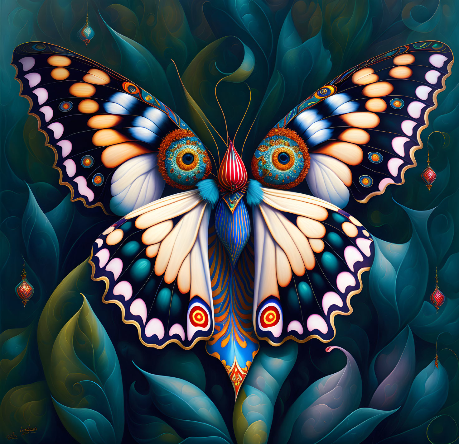 Colorful Butterfly Illustration with Owl Face Eyespots on Leafy Background