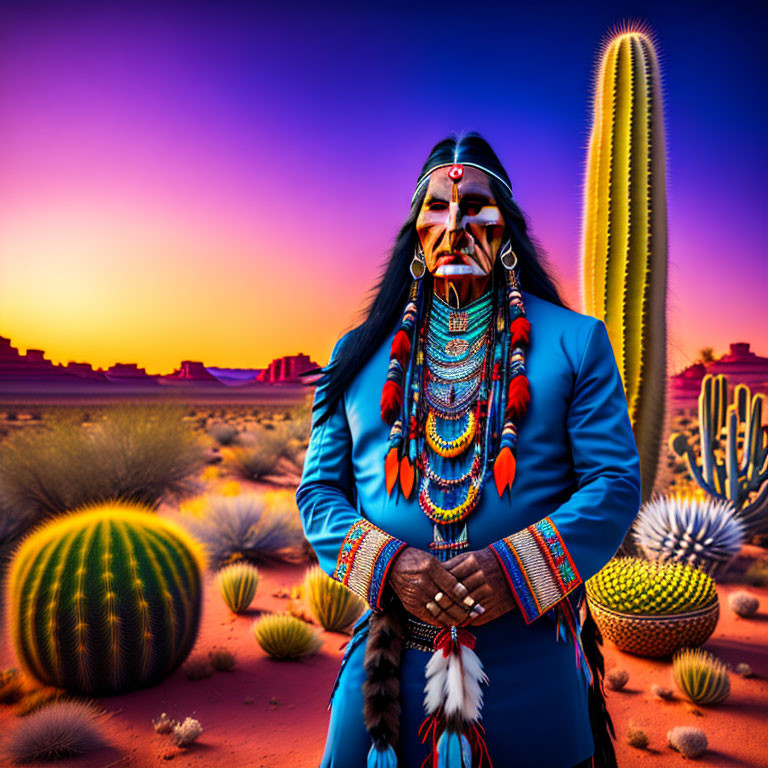 Native American person in desert sunset with cacti and mesas