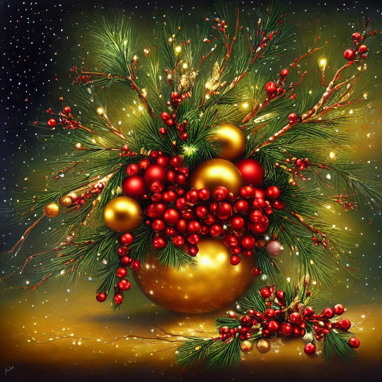 Shiny gold baubles and red berries in Christmas arrangement