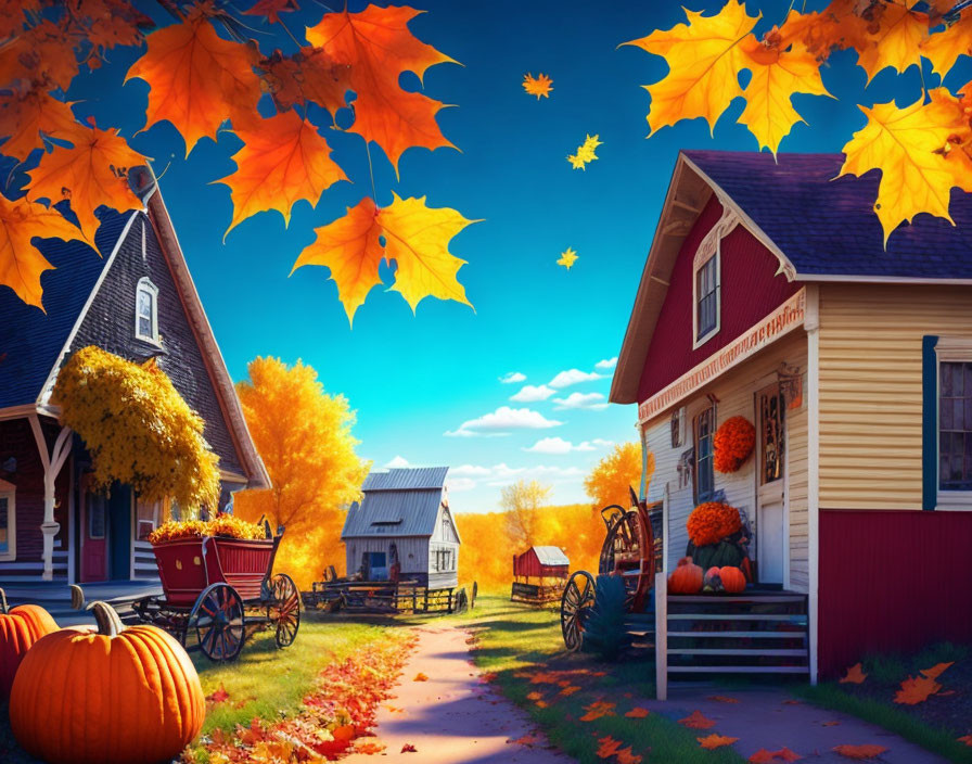 Vibrant autumn village with colorful trees and pumpkins