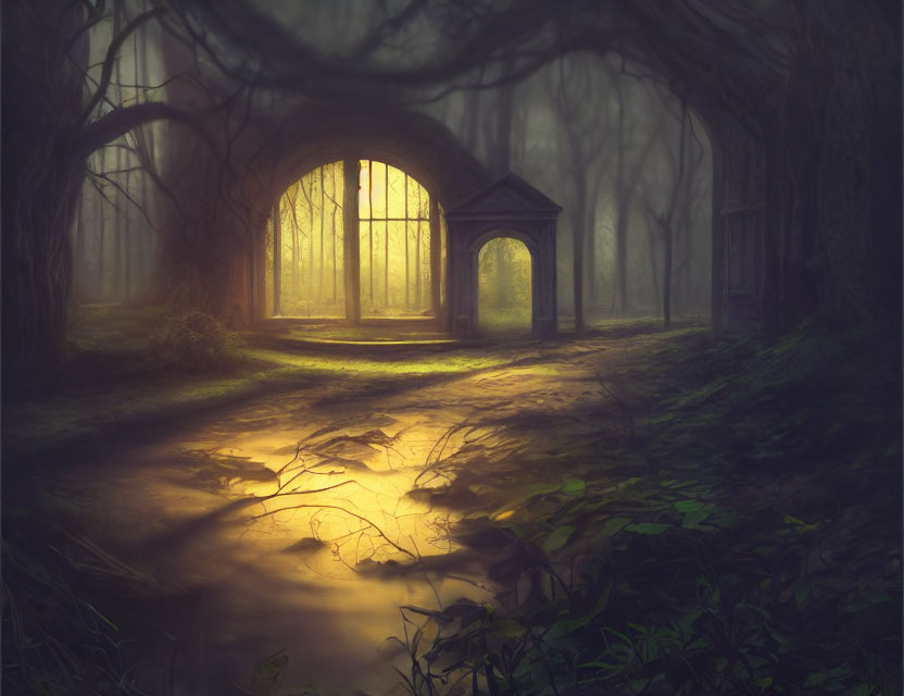 Mystical forest with old archway and sunlight piercing through mist