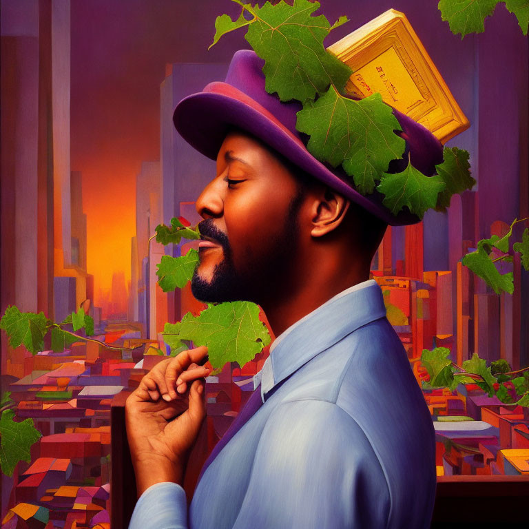 Man in purple hat with book, surrounded by colorful buildings