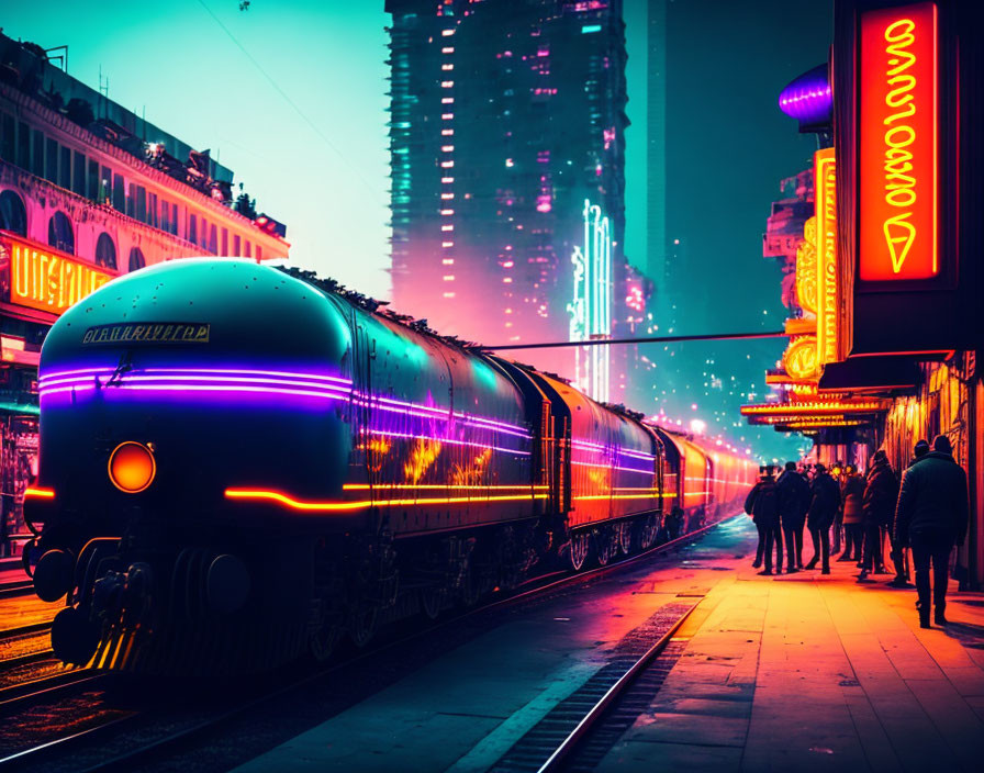 Futuristic neon-lit train station with sleek train and glowing cityscape