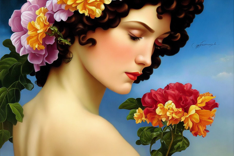 Portrait of Woman with Curly Hair and Pink Flowers in Serene Profile