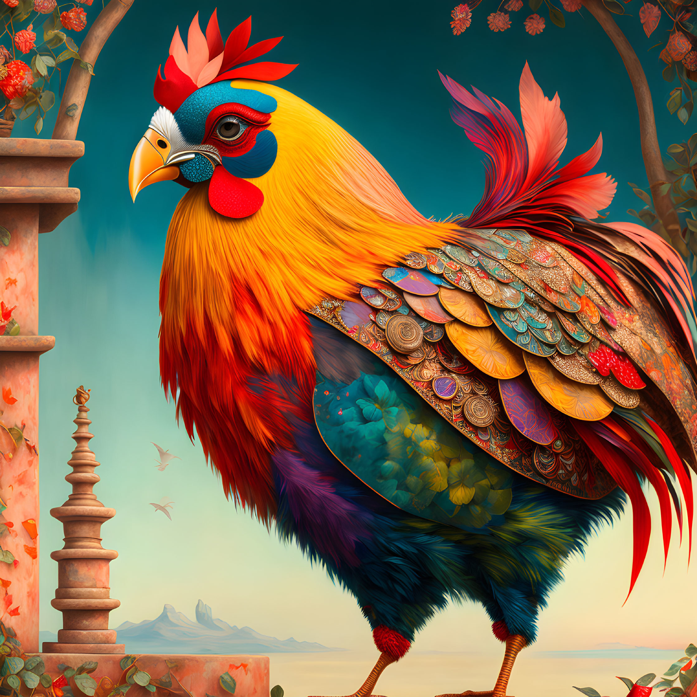 Colorful Rooster Illustration Among Flora, Chess Piece, and Mountains