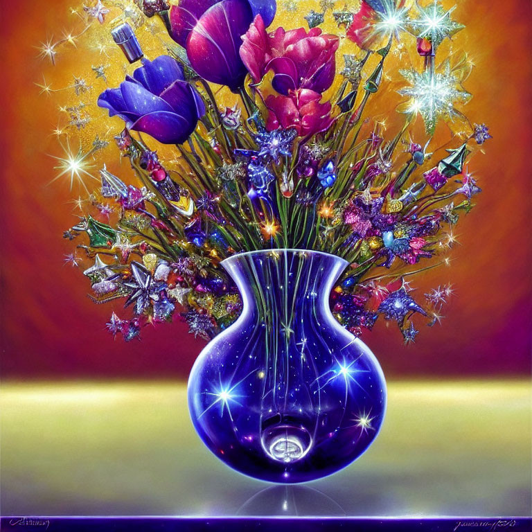 Colorful flowers in blue vase on vibrant background.