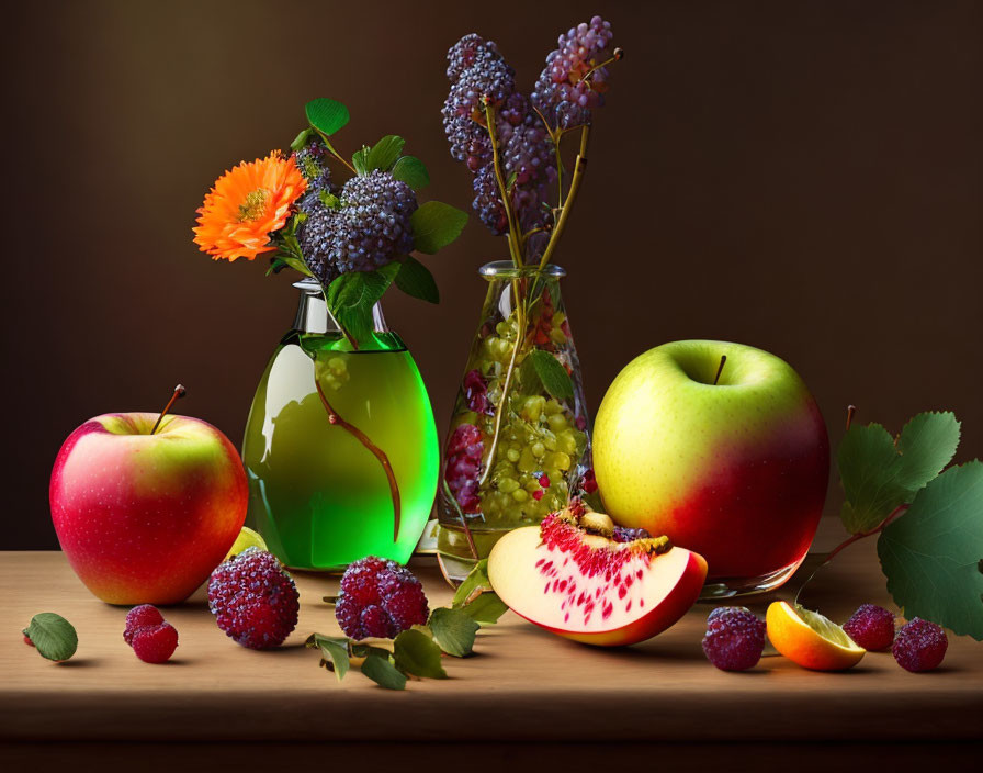 Fresh Fruit Still Life with Flowers on Wooden Table