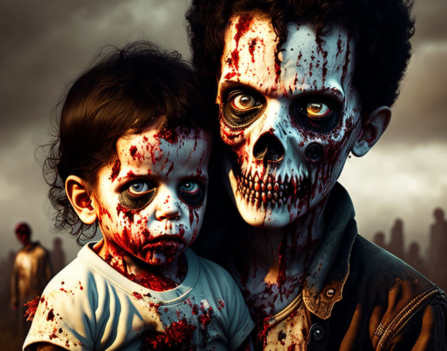 Children in zombie makeup with fake blood against post-apocalyptic backdrop