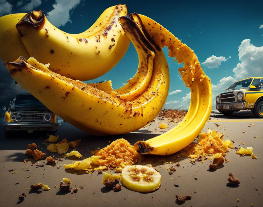 Giant peeled bananas with crumbs among vintage cars and dramatic sky