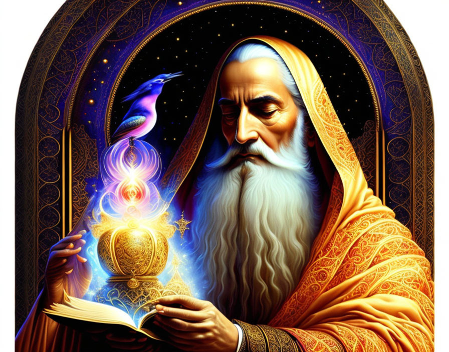 Illustration of wise old man with white beard, reading book with flaming orb and bird in starry