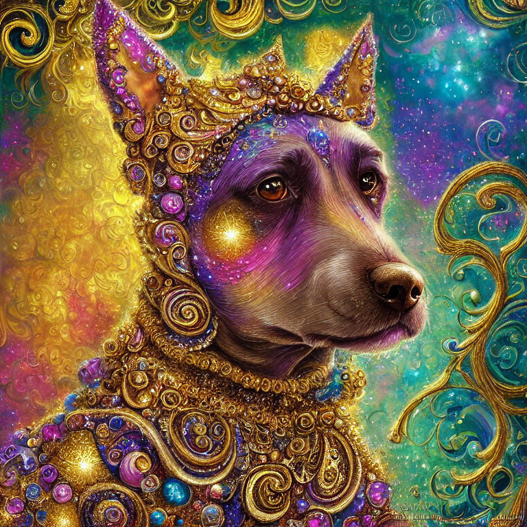 Colorful Decorated Dog with Gold Adornments on Cosmic Background