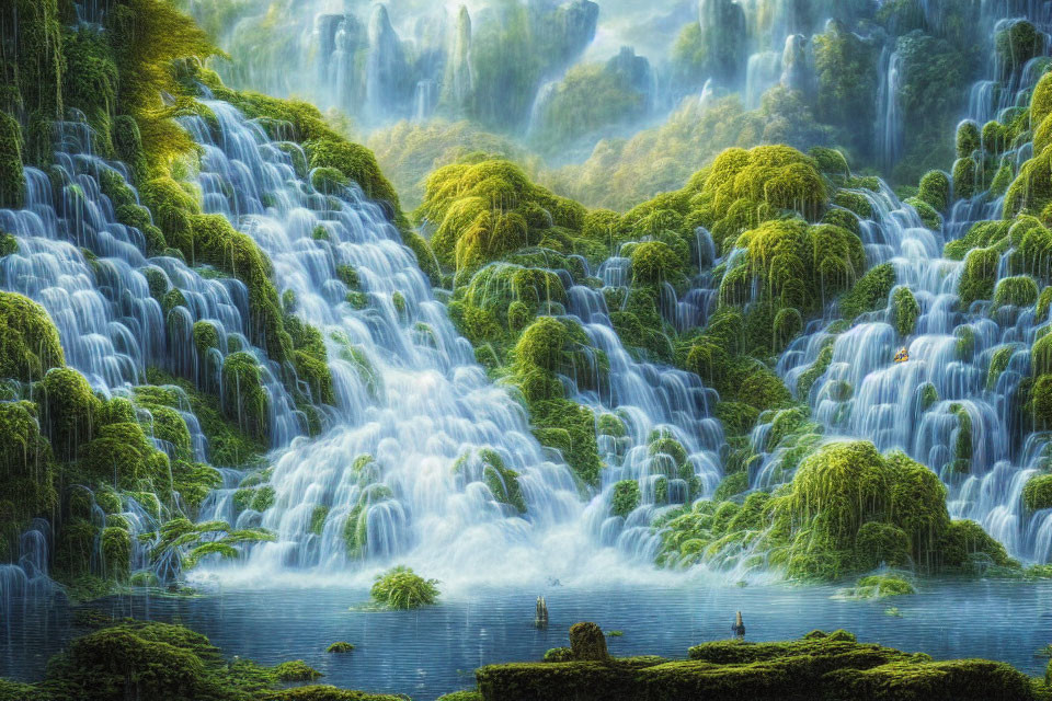 Magical waterfall surrounded by lush greenery in serene forest landscape