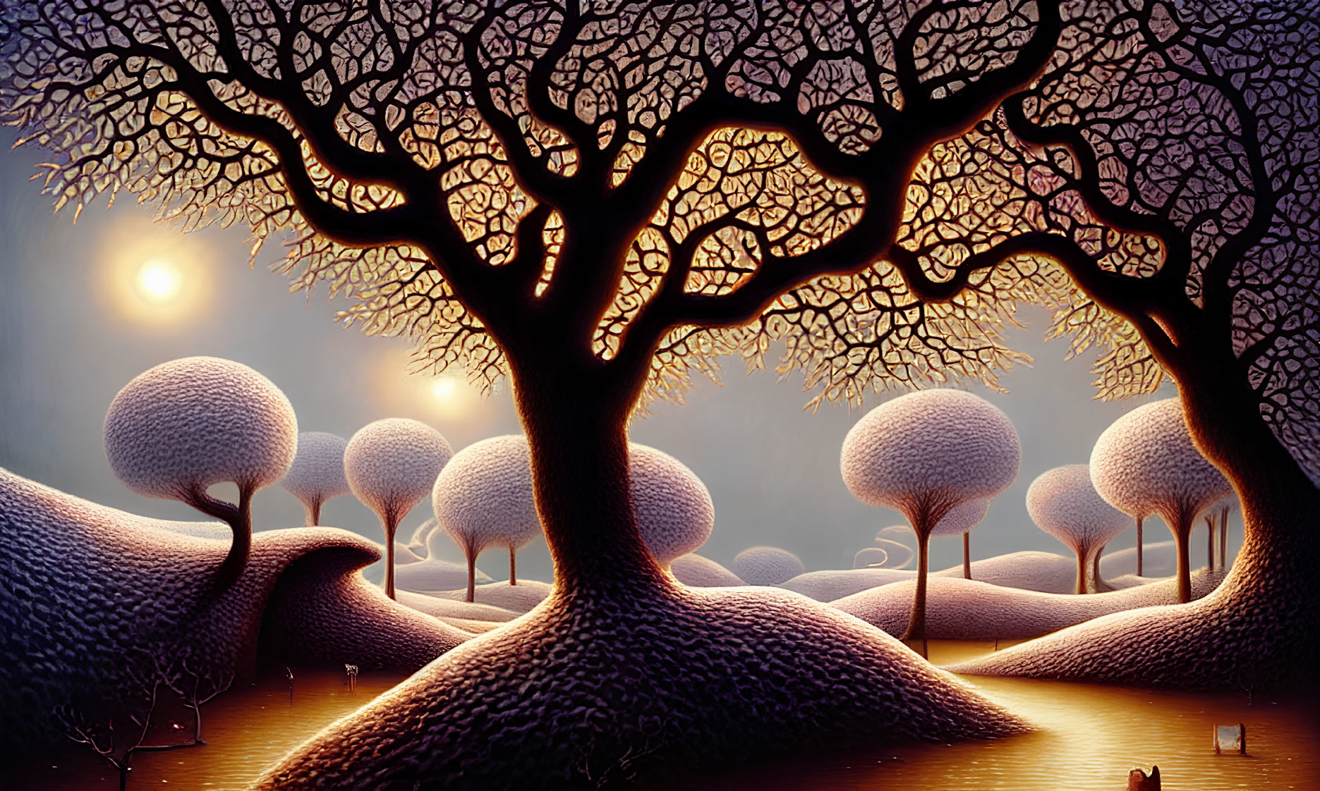 Stylized twilight landscape with bare trees, moon, and pond