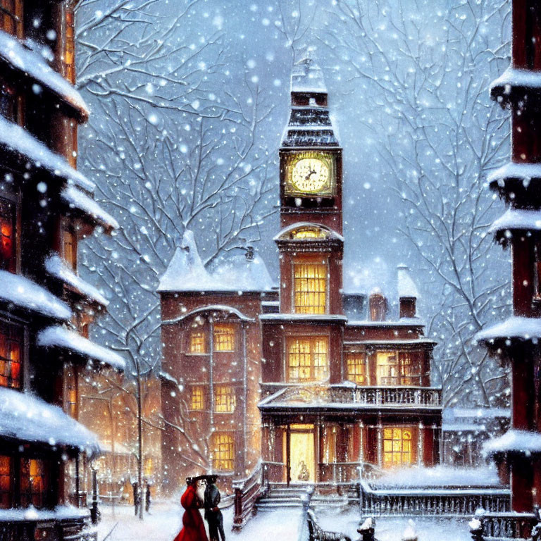 Snowy Evening Scene: Couple Walking Near Clock Tower & Illuminated Building