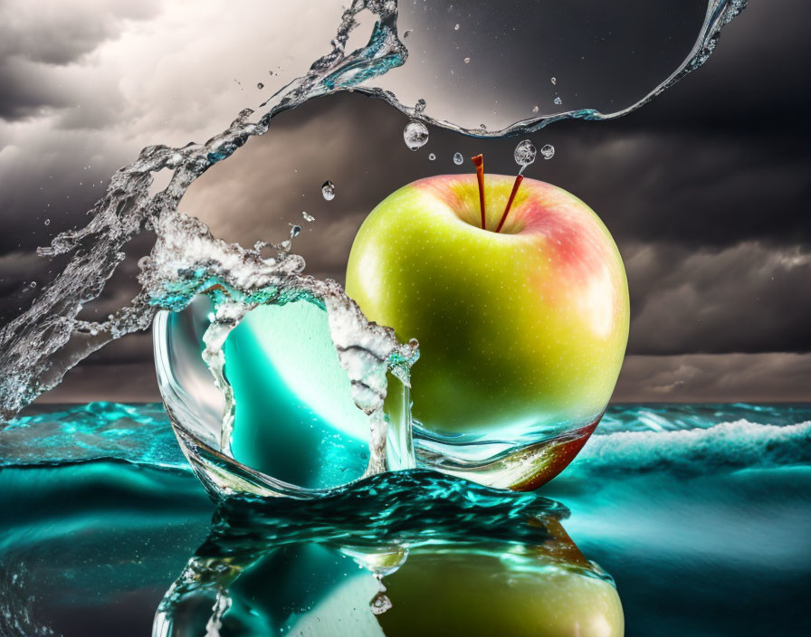 Colorful apple with water splashes in stormy ocean setting