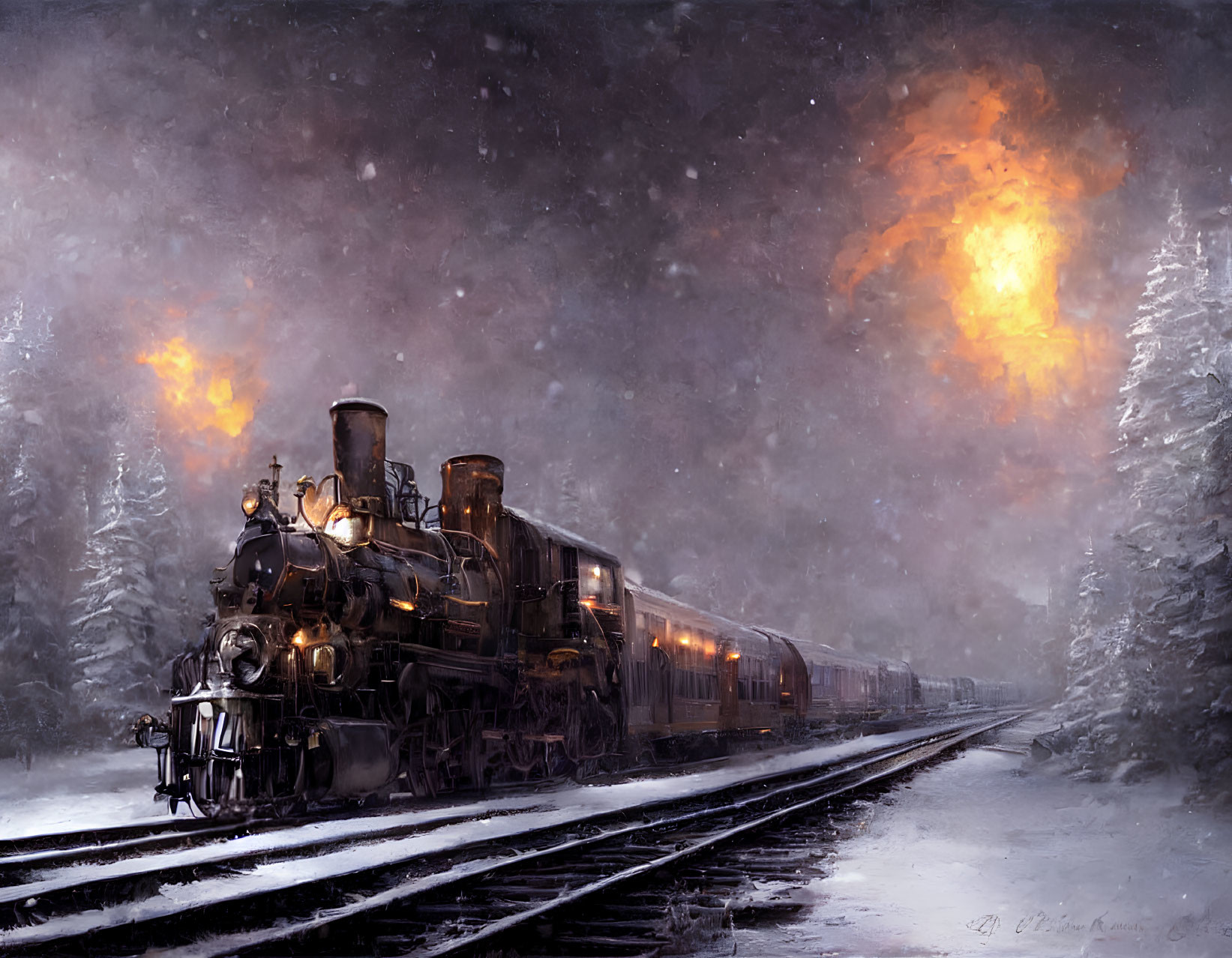 Vintage steam locomotive on snowy tracks at night