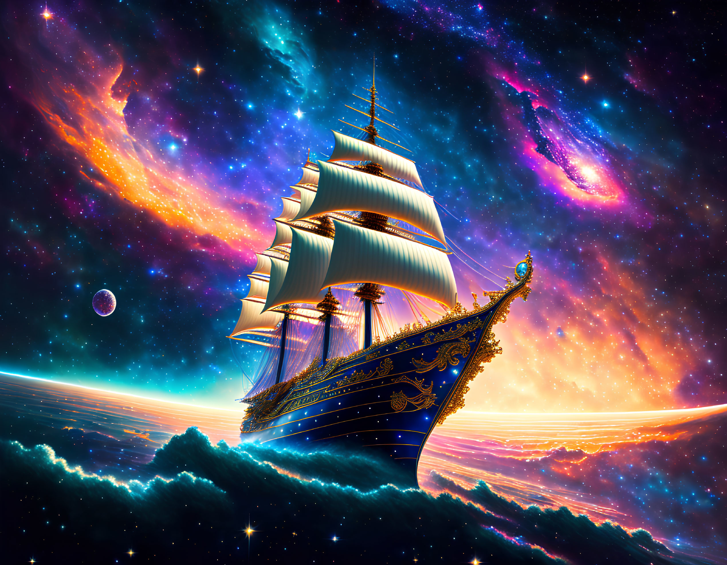 Sailing ship in cosmic seascape with stars and planet