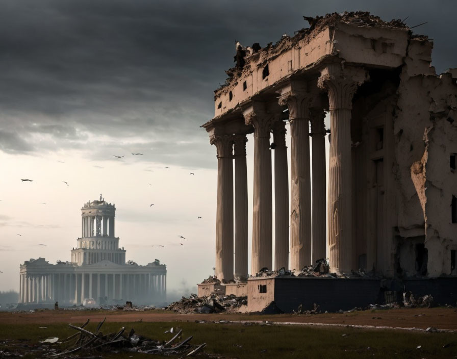 Classical buildings with columns in ruins under dramatic sky