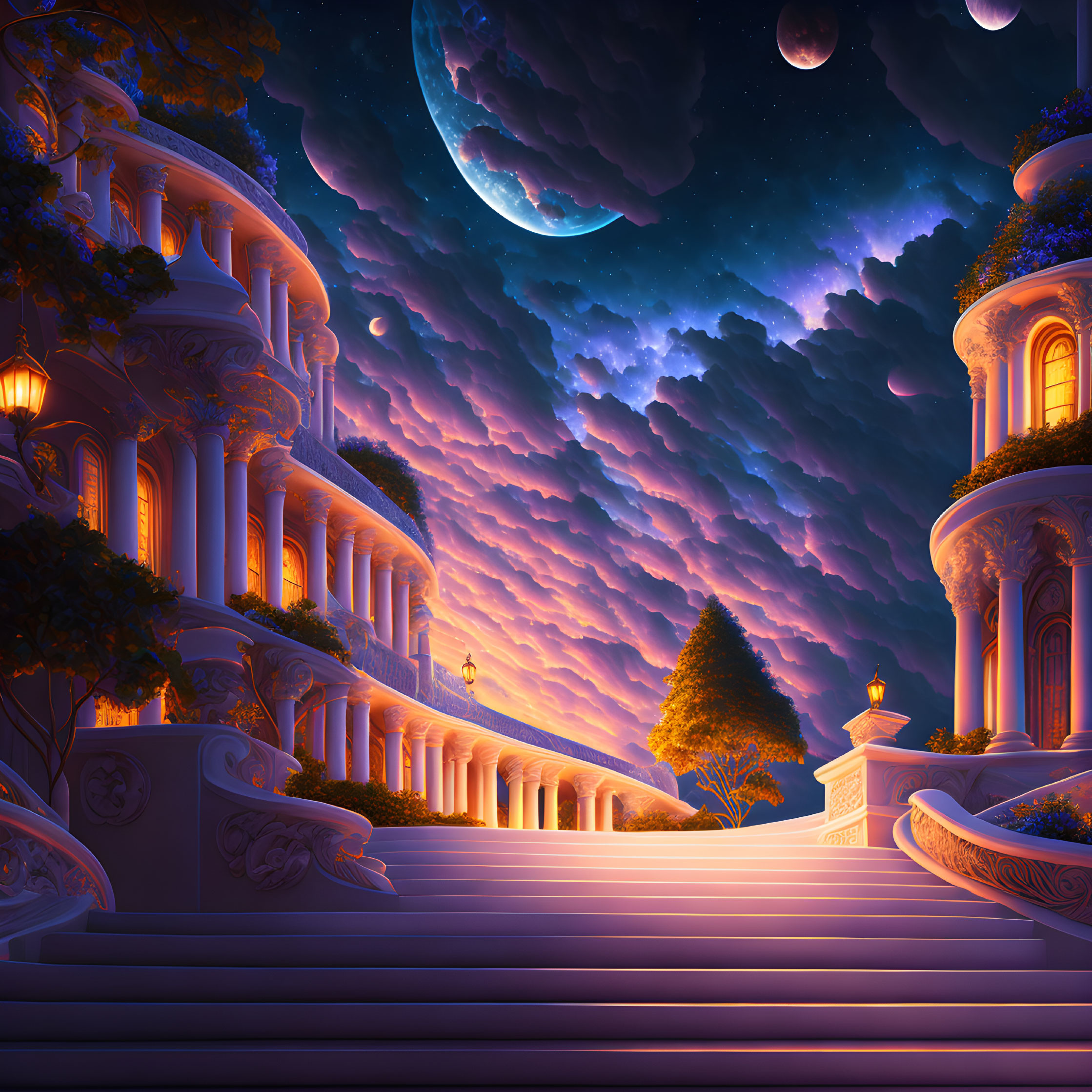 Digital artwork featuring palatial buildings under a crescent moon & planets