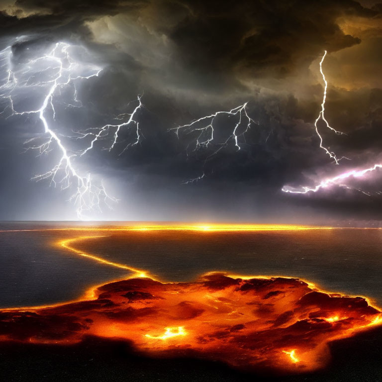 Volcanic eruption with lava flows under tumultuous sky and lightning