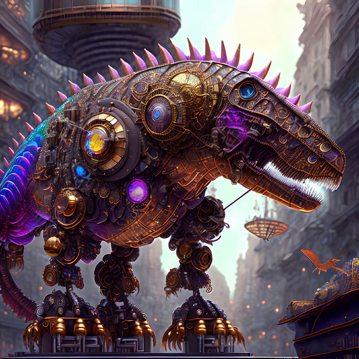 Futuristic cityscape digital artwork featuring mechanical dinosaur with glowing gears