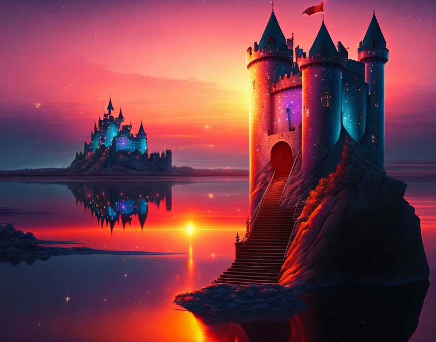 Castle on Cliff at Sunset with Water Reflection and Staircase under Purple Starry Sky