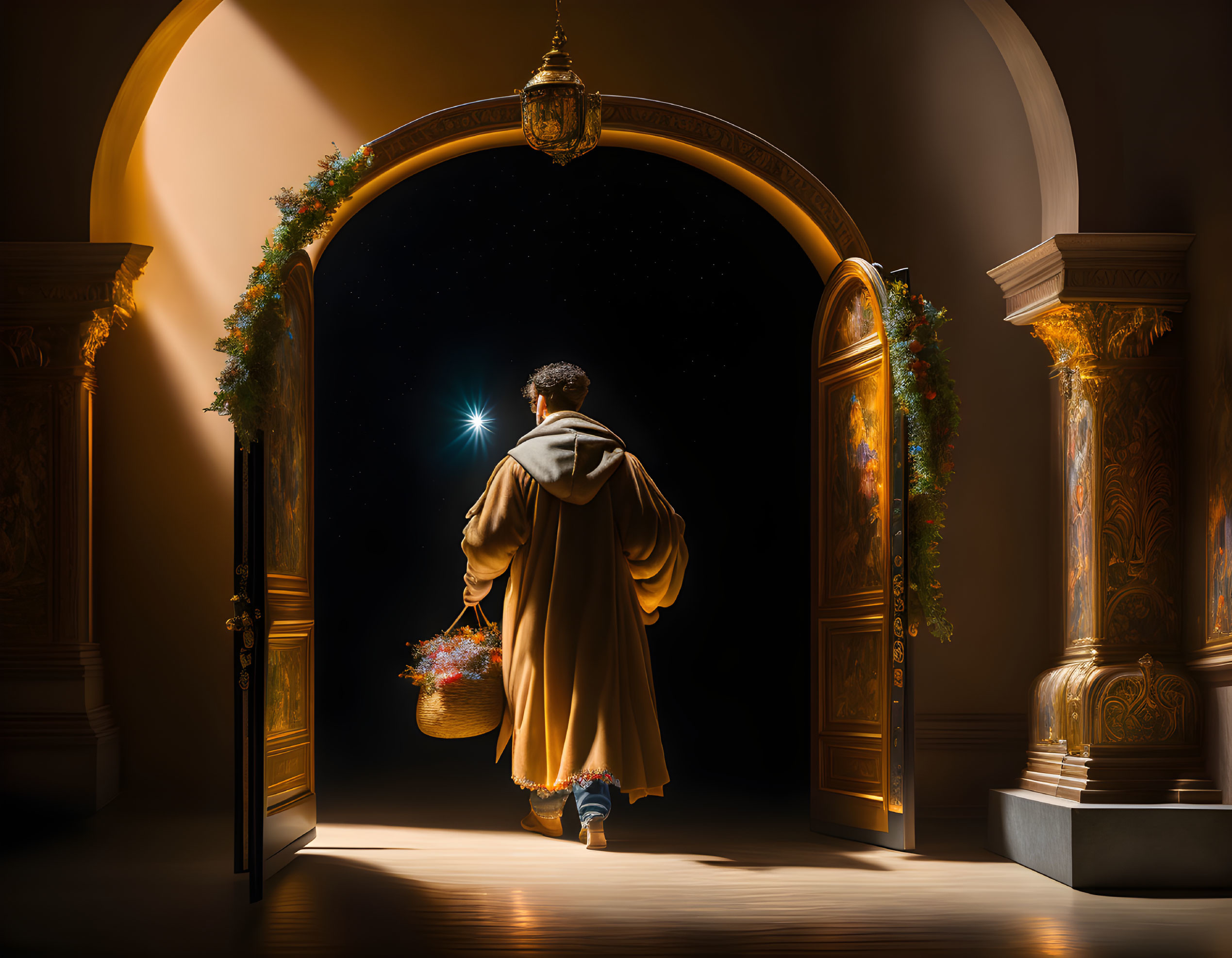 Cloaked figure with basket gazes at starry night through ornate doorway