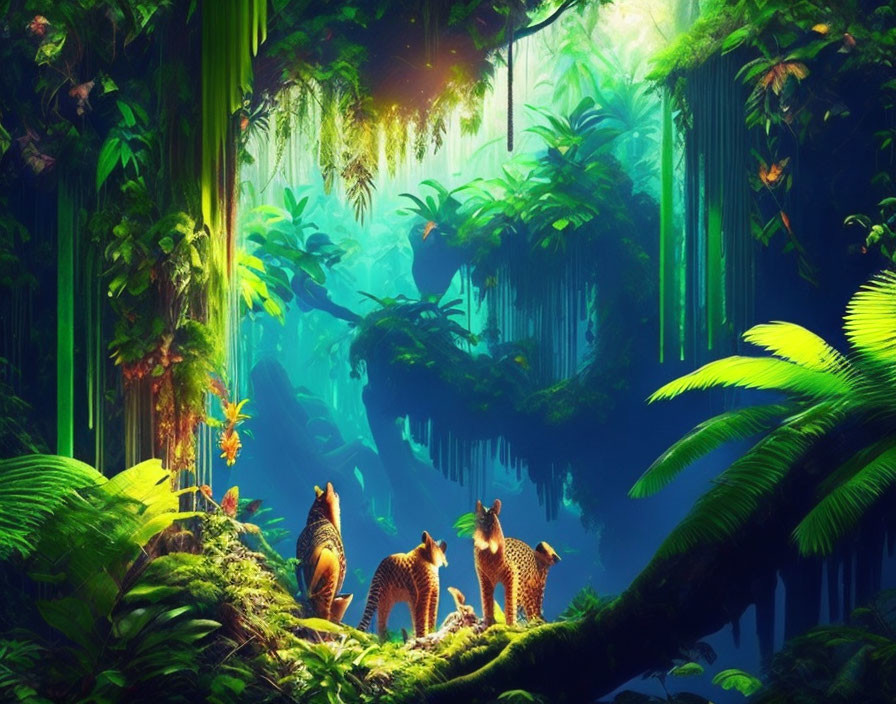 Vibrant jungle scene: leopards on branch, misty sunlight, serene water body