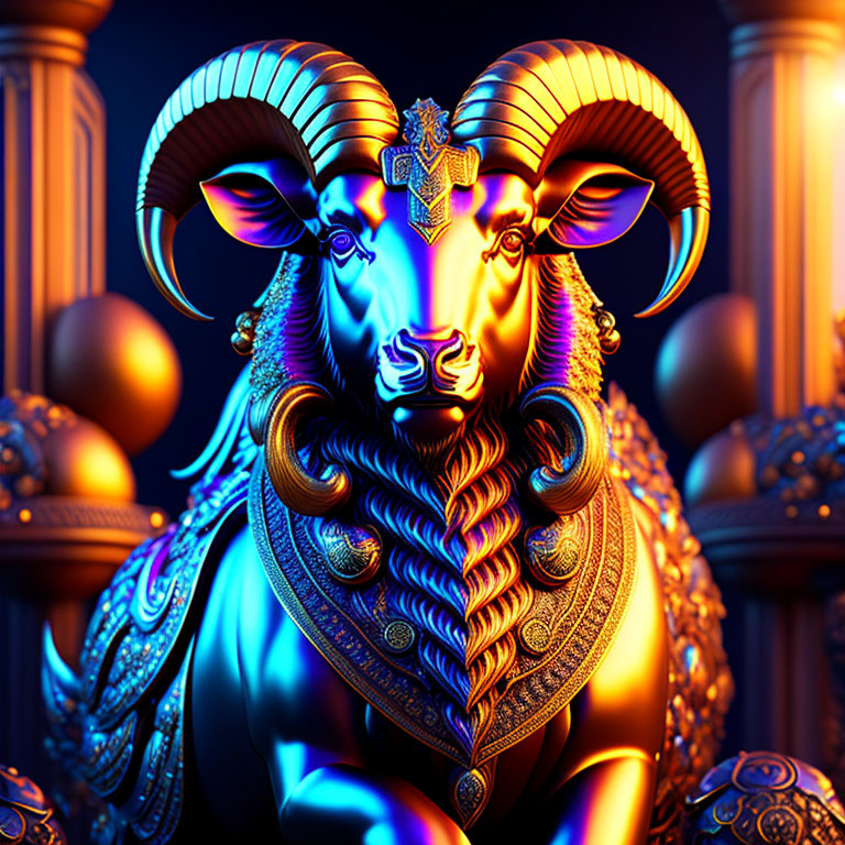 Colorful digital artwork: Stylized ram in blue and gold on ornate background