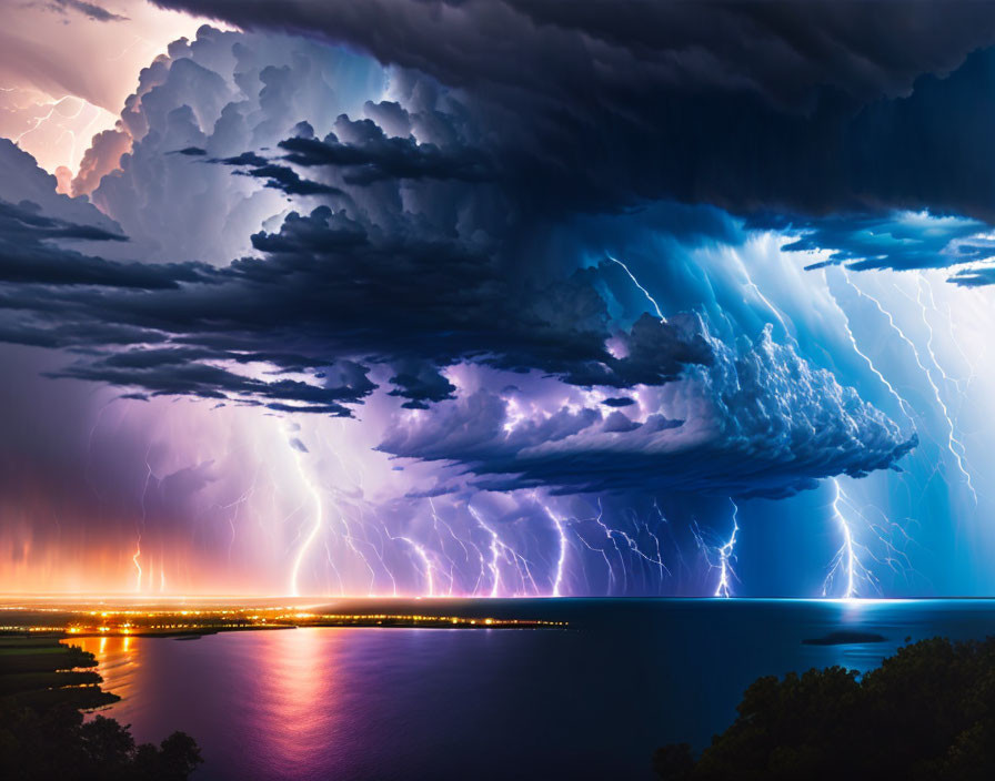 Intense lightning storm over water at night