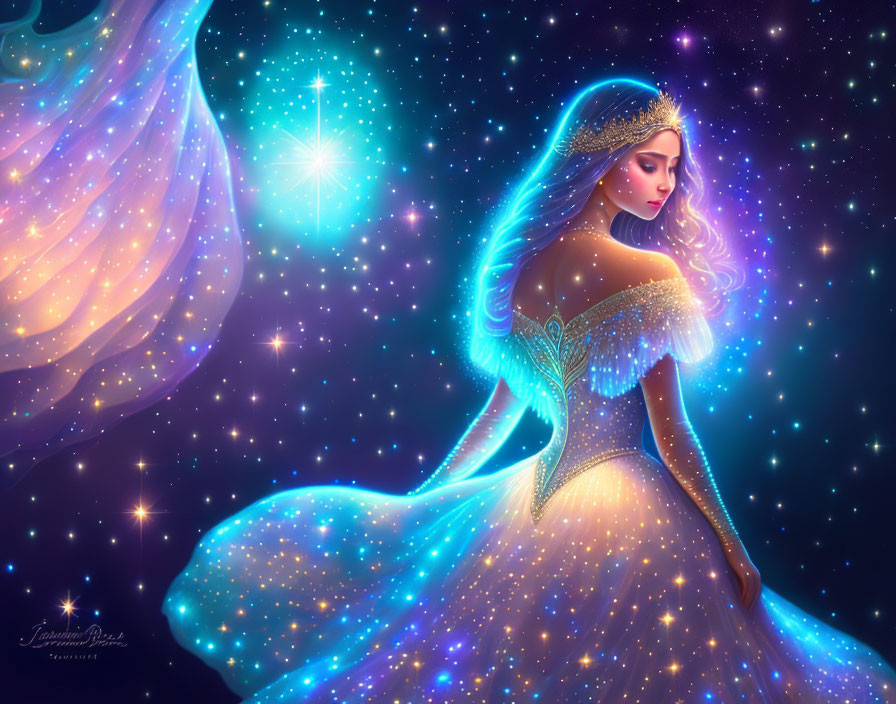 Ethereal woman in celestial attire with cosmic backdrop