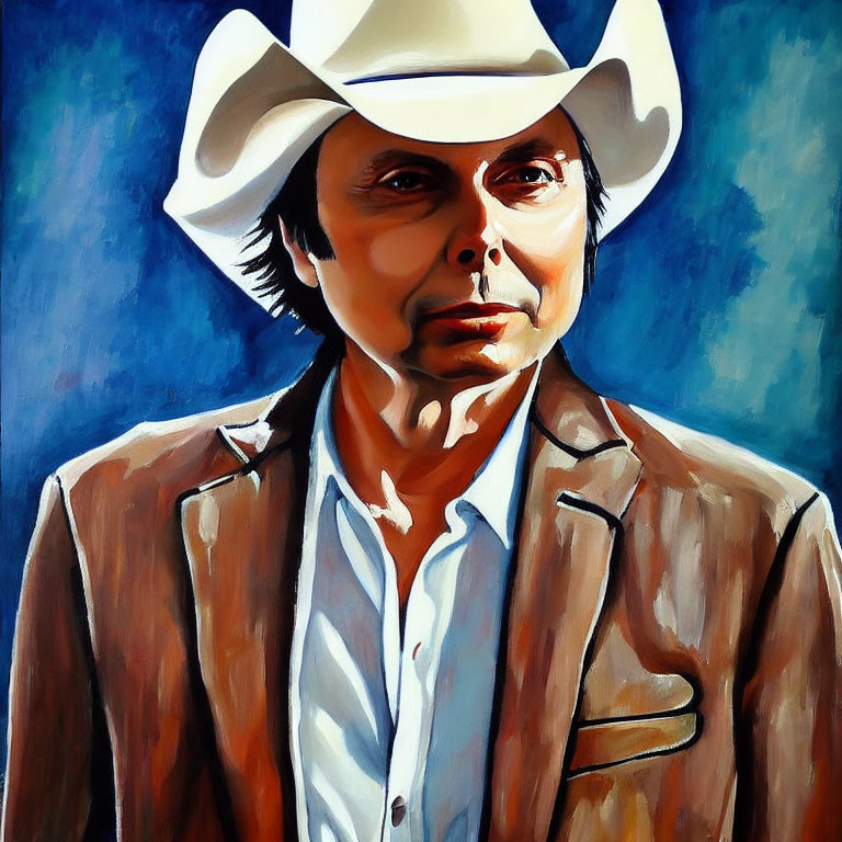 Stylized portrait of a man in white cowboy hat and brown jacket