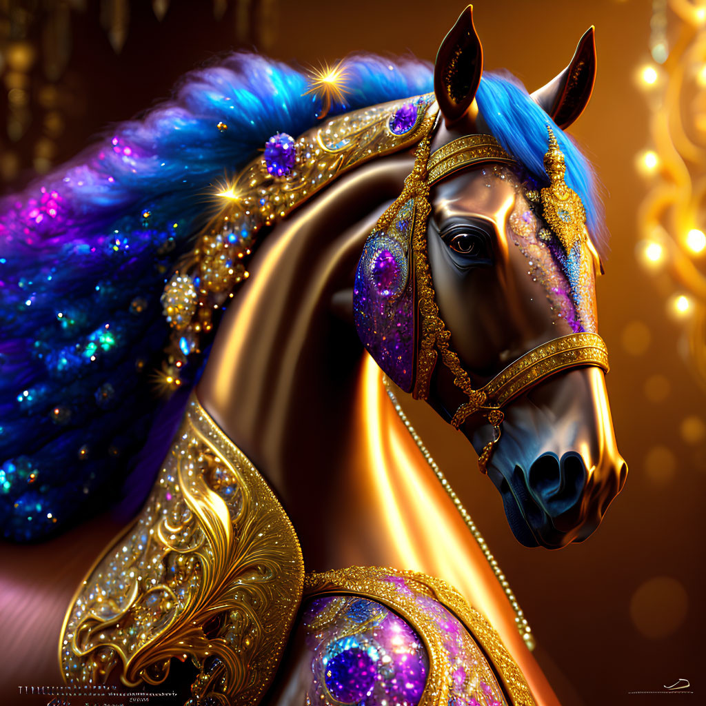 Majestic Black Horse with Blue and Purple Embellishments