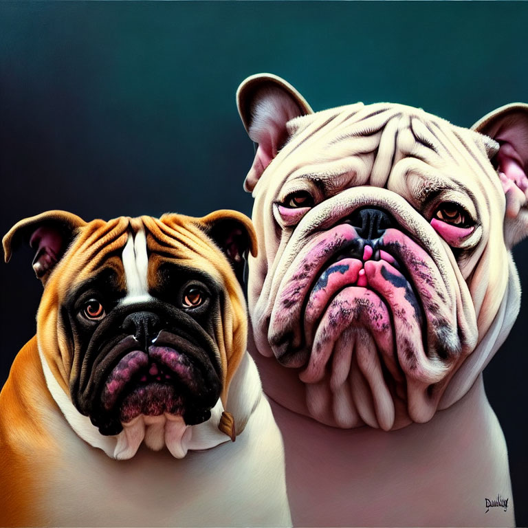 Two solemn bulldogs on dark gradient background with lifelike textures.