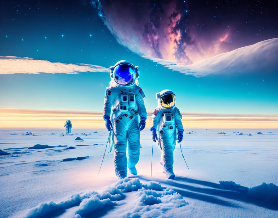 Astronauts exploring snowy alien landscape under celestial sky