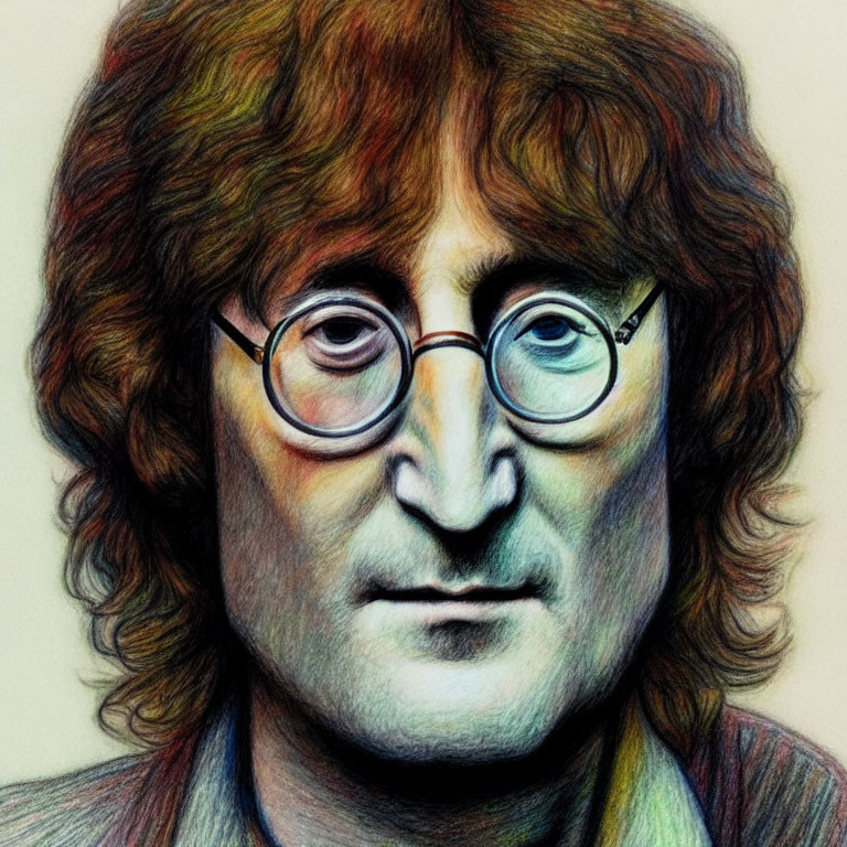 Detailed colored pencil portrait of man with round glasses and long wavy hair