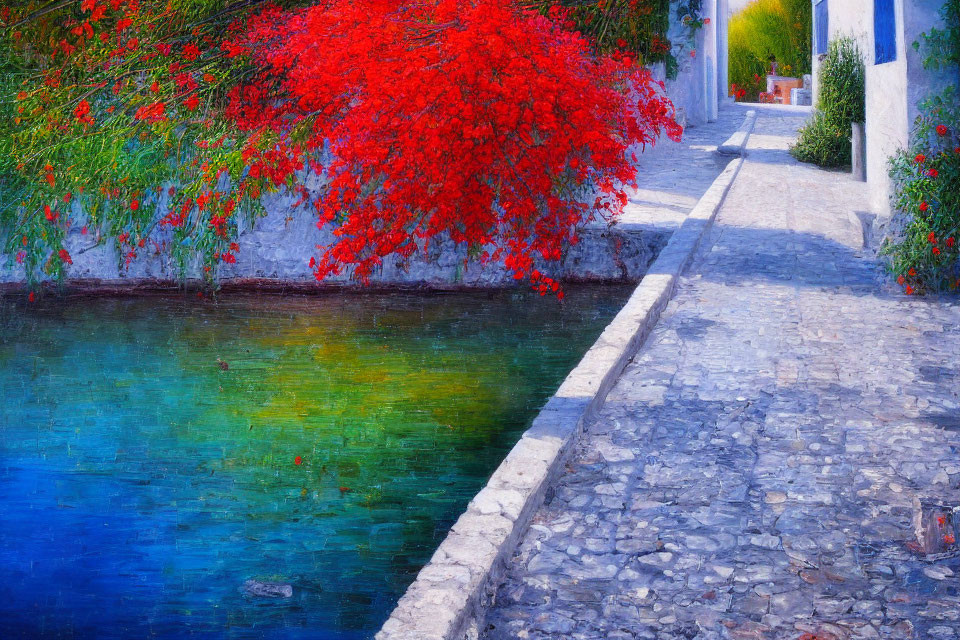 Scenic pathway by water canal with red tree and lush greenery