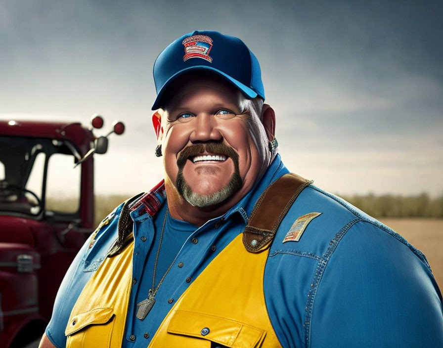 Smiling man with mustache and goatee in blue cap and yellow vest against cloudy sky