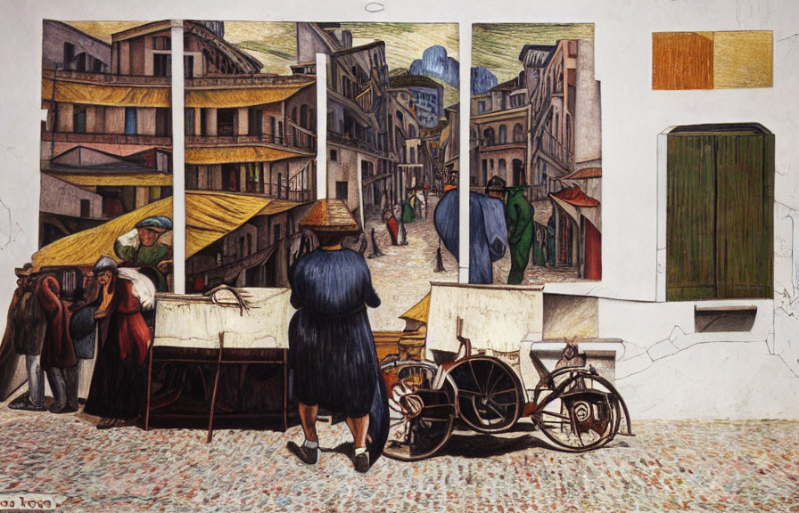 Colorful Street Scene Painting with People, Buildings, Market Stalls, and Bicycle