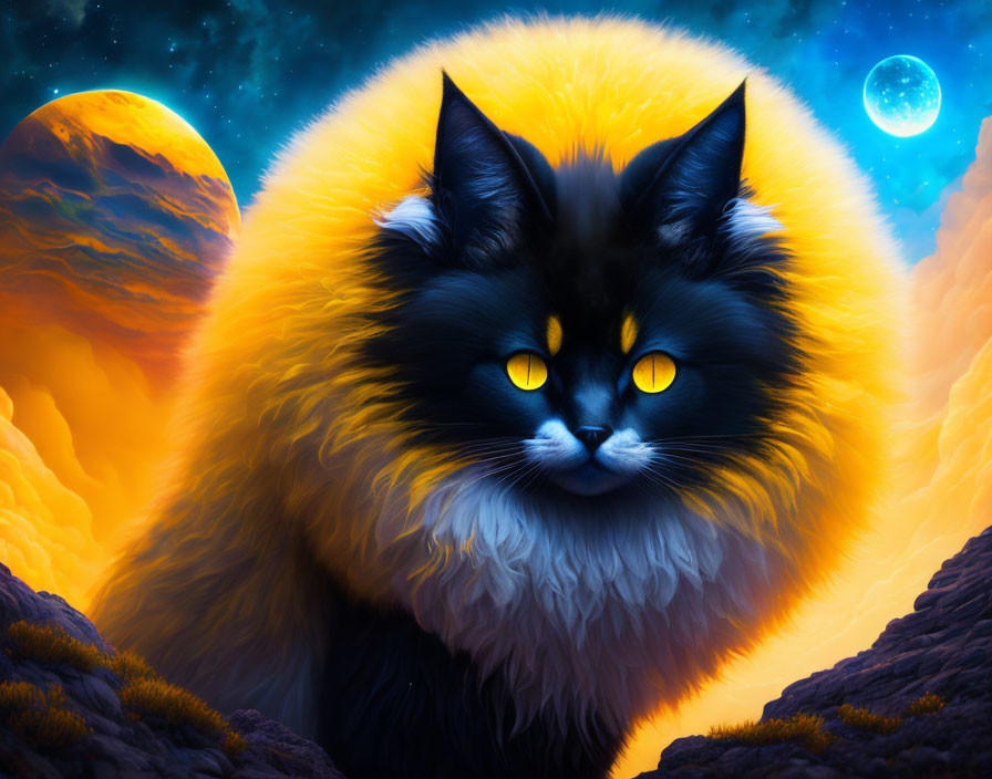 Majestic black cat with glowing yellow eyes in surreal sky