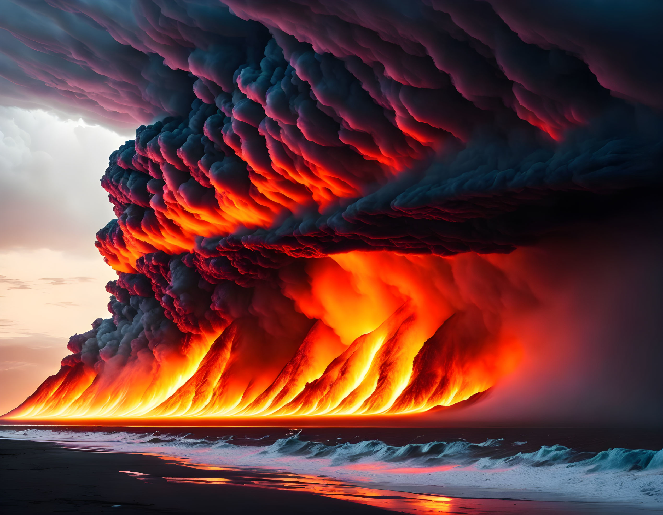 Fiery volcanic eruption with glowing lava flows over beach