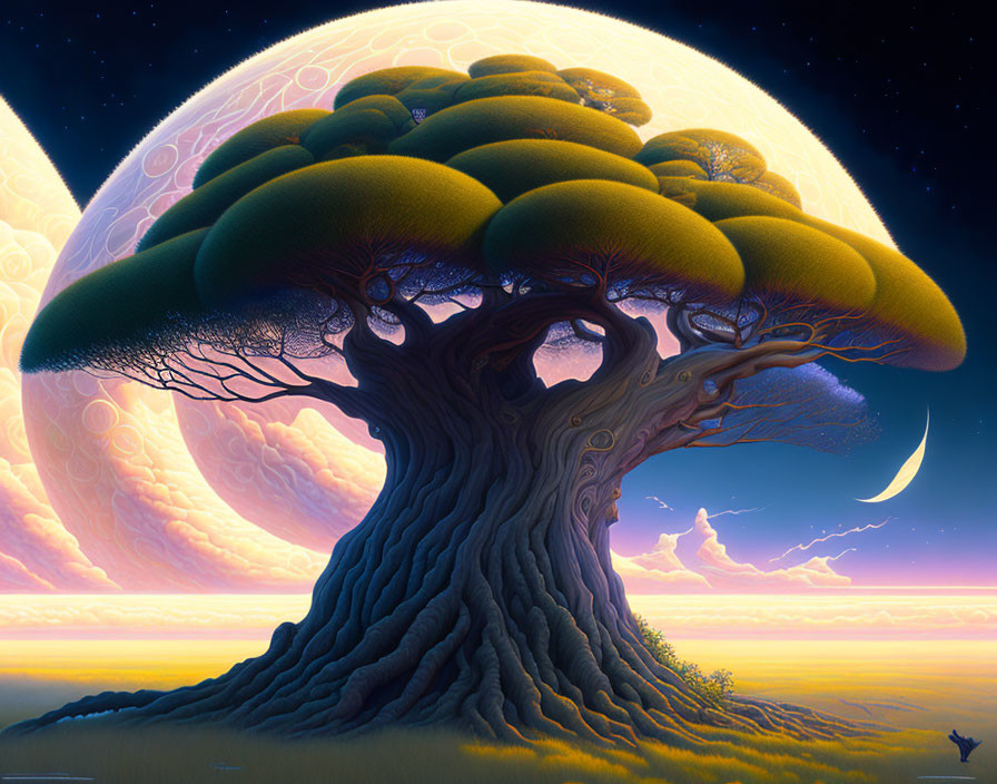 Fantasy-inspired tree against ringed planet, moon, starry sky