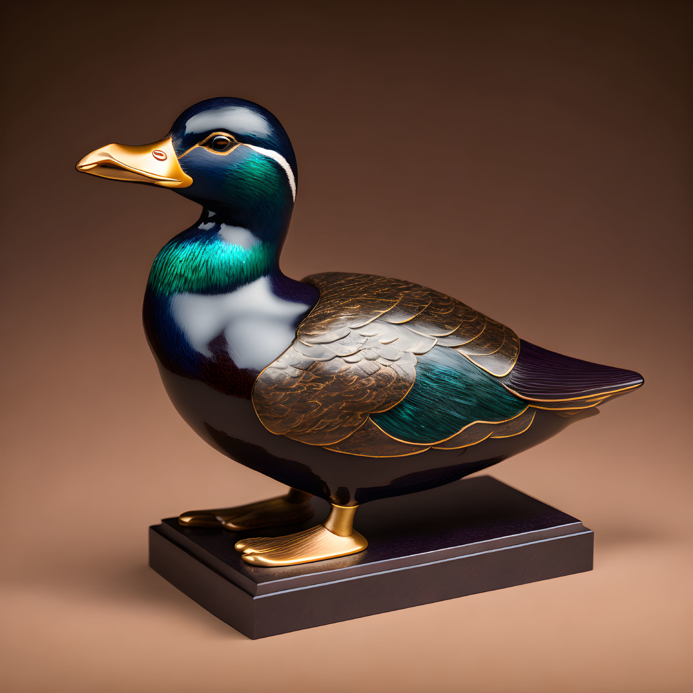 Colorful Duck Sculpture with Gold Accents on Pedestal