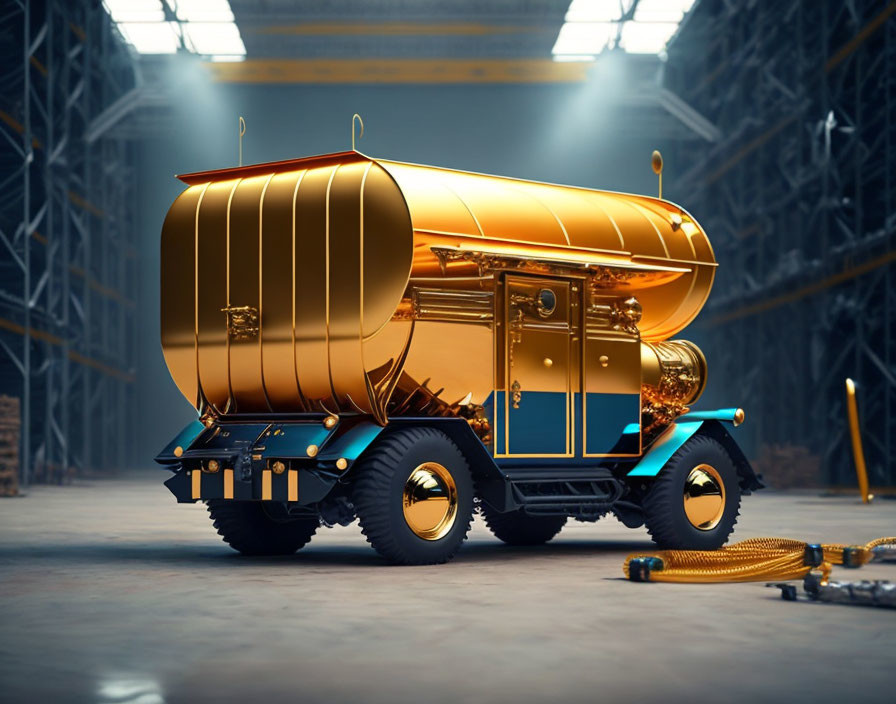 Golden and Blue Futuristic Vacuum Truck in Industrial Warehouse