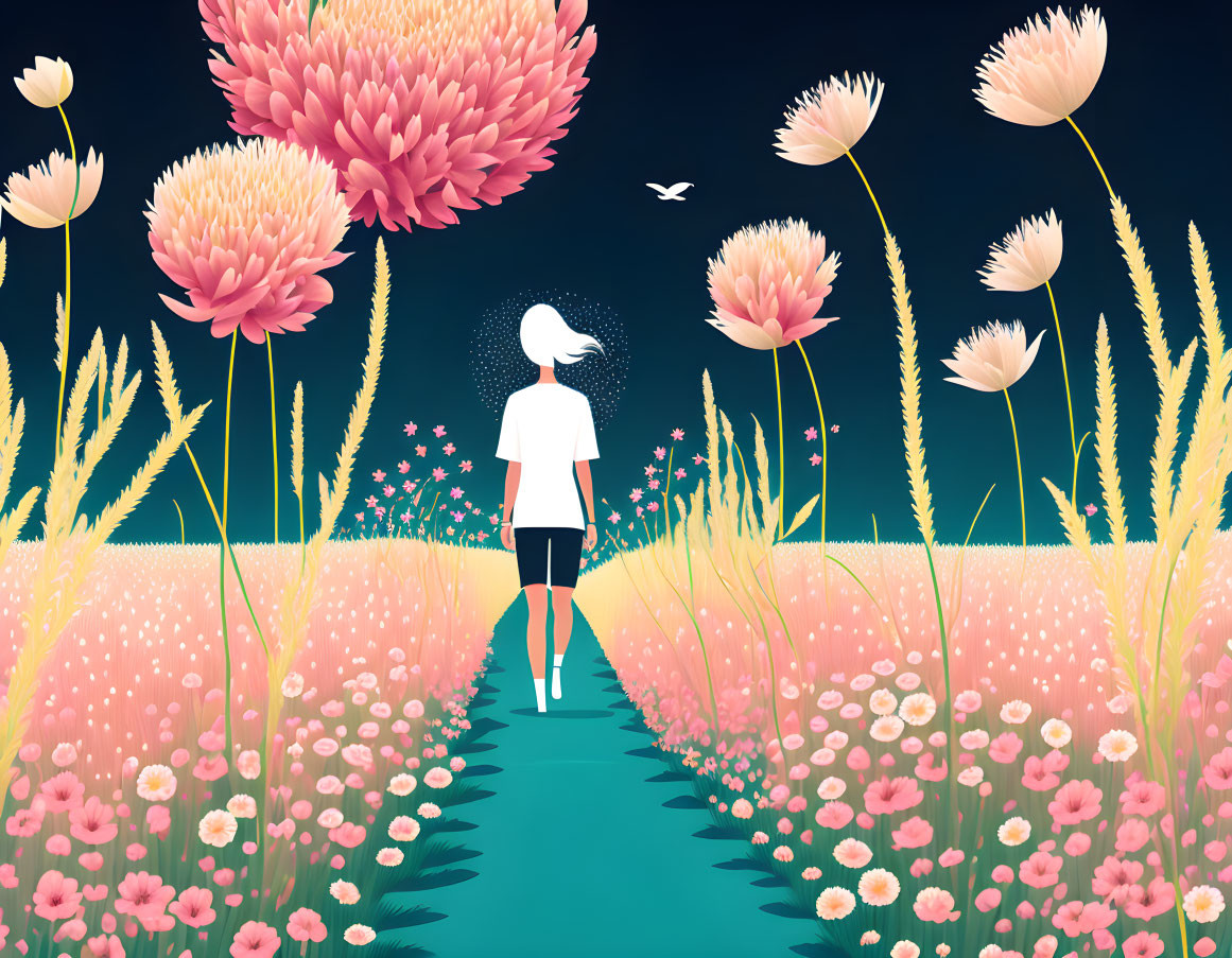 Person in Vibrant Garden with Pink Flowers and Starry Sky