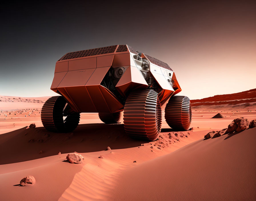 Futuristic Rover with Large Ridged Wheels on Reddish Martian Landscape