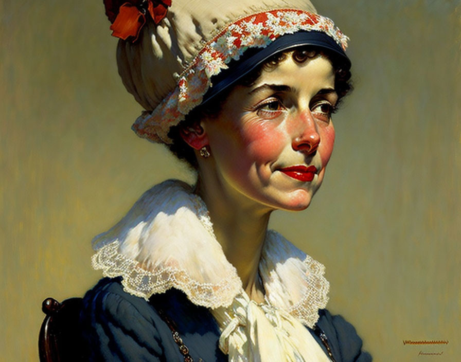 Vintage portrait of woman in lace-collar dress and hat with rosy cheeks