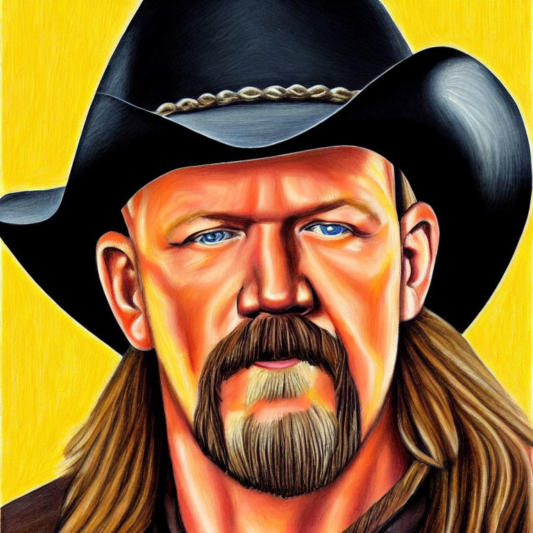 Man with stern expression in black cowboy hat, full beard, mustache on yellow background