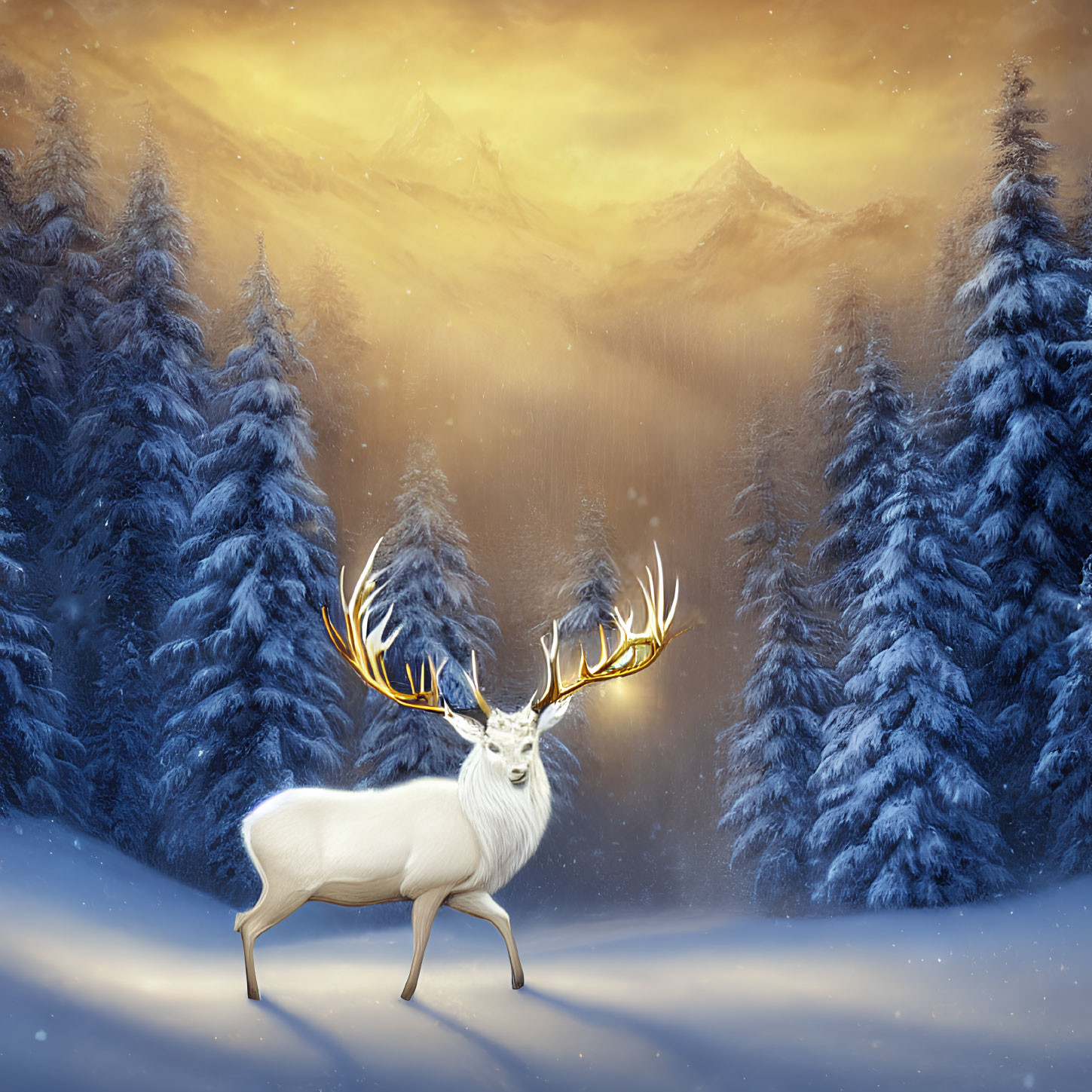 White Stag with Glowing Antlers in Snowy Forest Landscape