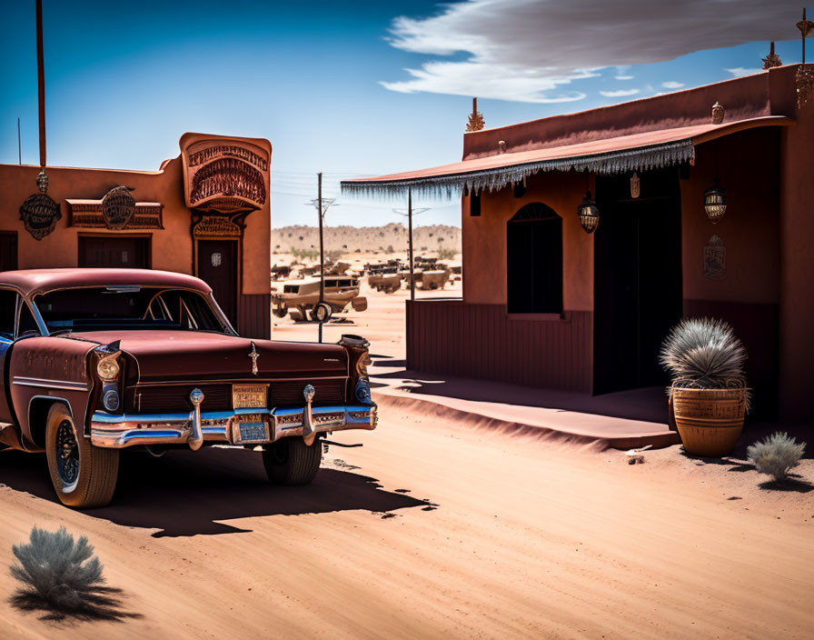 Vintage Car Parked Outside Terracotta Building in Desert Landscape